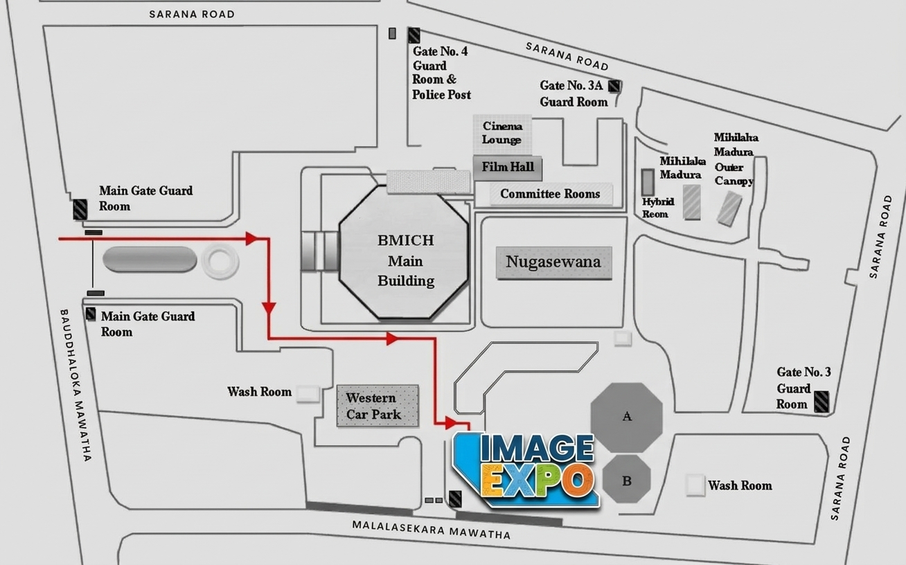Floor plan of the BMICH grounds with a red route from the Bauddhaloka Mawatha main gate, past the main building and the Western Car Park, to the exhibition hall beside Halls A and B